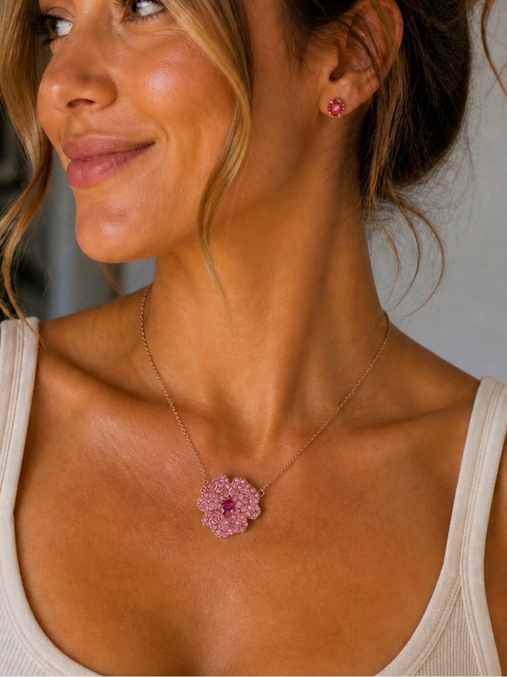Anne Klein Pink Mauve Crystal Flower Necklace & Stud Earrings Set Rose Gold Tone